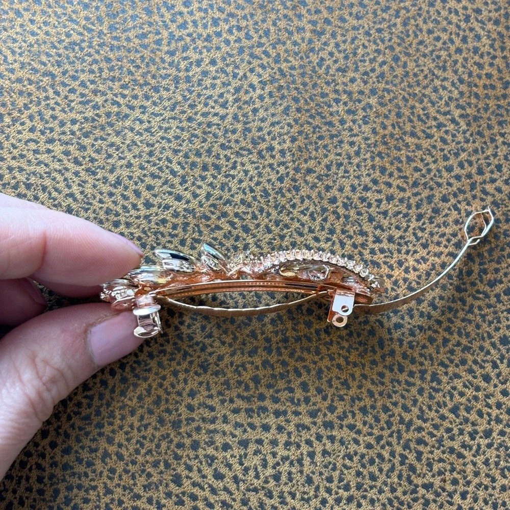 Sparkling Crystal Leaf Design Barrette Rose Gold Tone Women Hair Clip Accessory